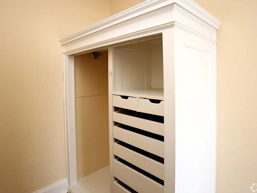 Closet with a variety of shelves in an apartment at Edgehill Court in Bala Cynwyd, PA.