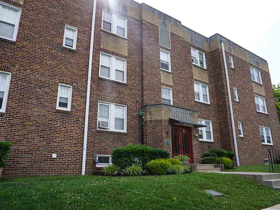 Exterior of Hazel Apartments in Upper Darby, PA.