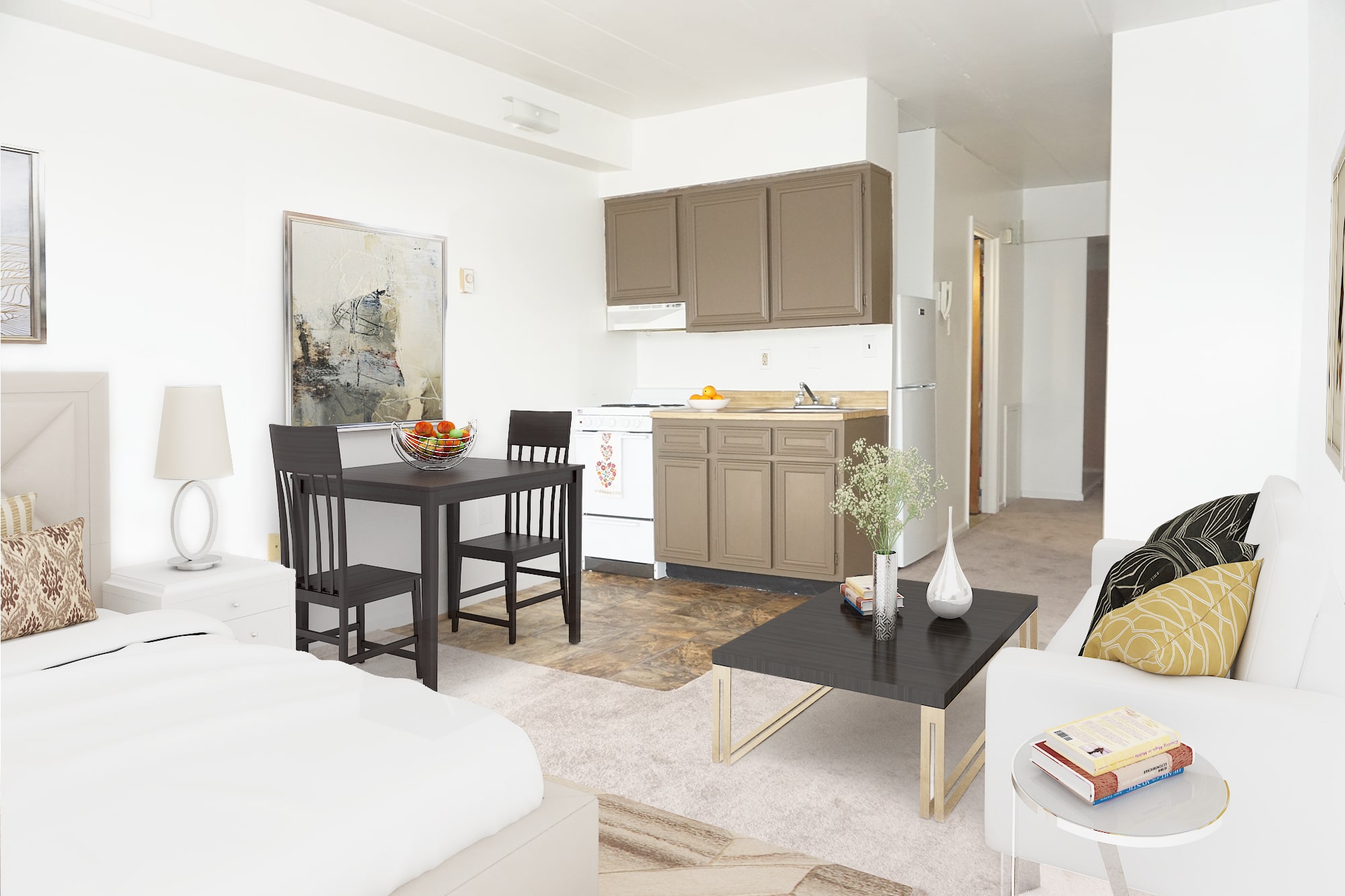 1-bedroom living room and kitchen at Bridgeport Suites residential community in Bridgeport, PA