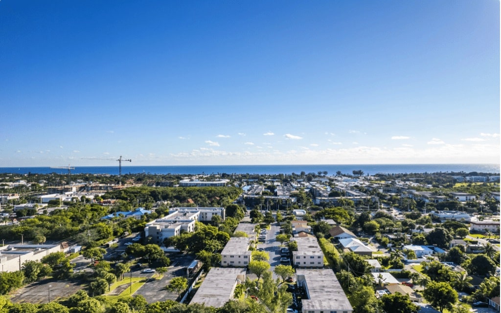 Birds-eye view of the surrounding neighborhood of The Villas in Boynton Beach, FL.